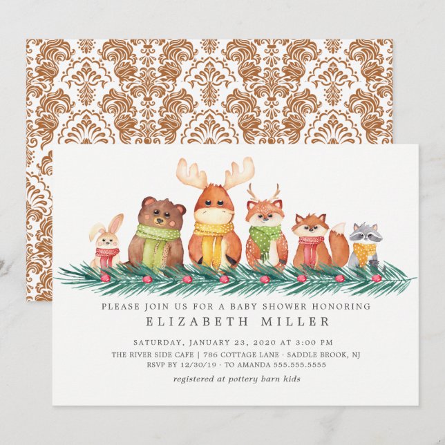 Sweet Winter Woodland Animals Baby Shower Invitation (Front/Back)