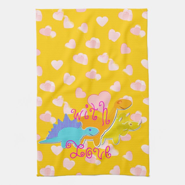Sweet With Love Dinosaurs Hearts Pattern Tea Towel (Vertical)