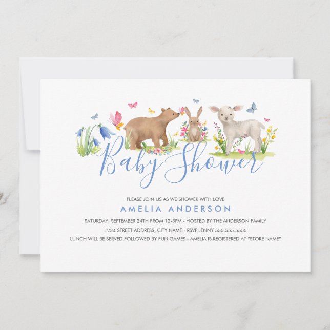 Sweet Woodland Animal Blue Baby Shower Invitation (Front)