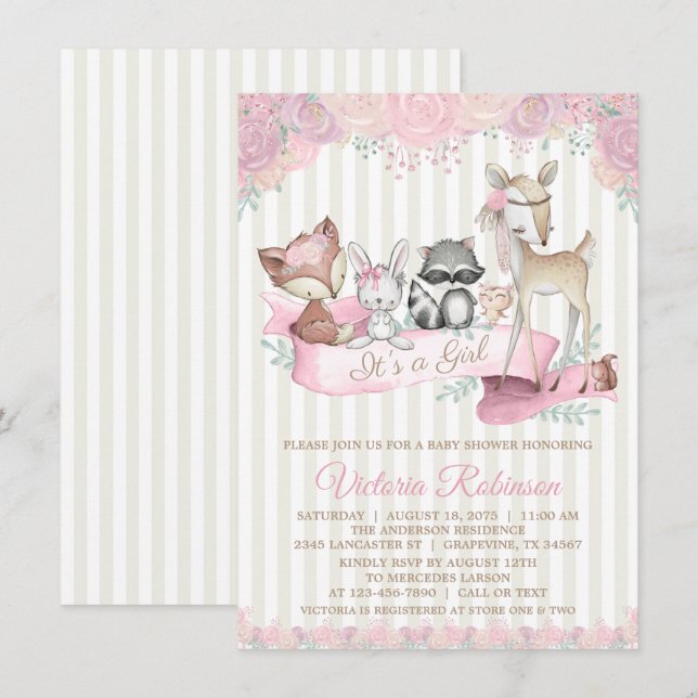 Sweet Woodland Animal Girl Baby Shower Invitation (Front/Back)