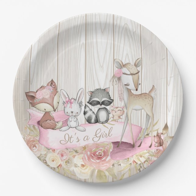 Sweet Woodland Animal Girl Baby Shower Paper Plate (Front)
