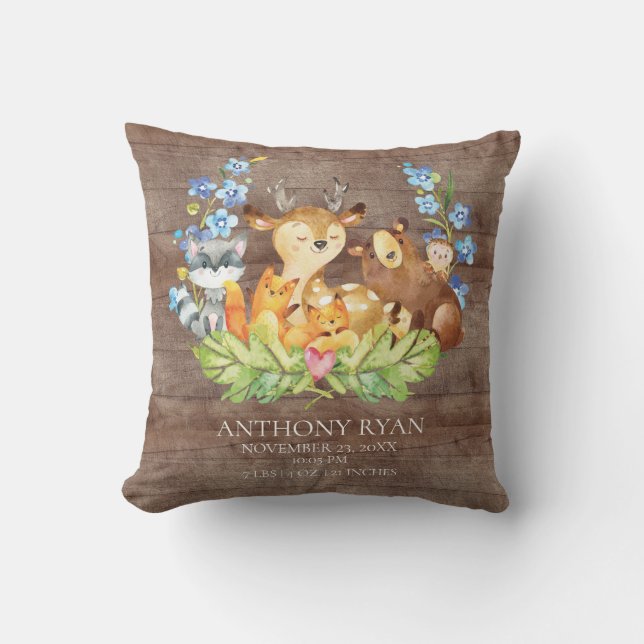 Sweet Woodland Animals Baby Birth Stats Pillow (Front)