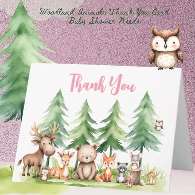 Sweet Woodland Animals Baby Shower Pink Thank You Card (Creator Uploaded)