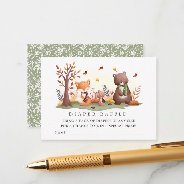 Sweet  Woodland Animals Diaper Raffle Ticket Enclosure Card (Front/Back In Situ)