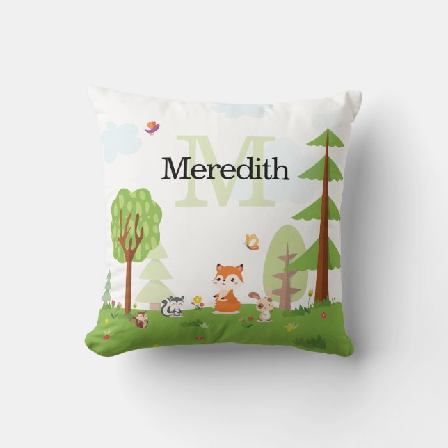 Sweet Woodland Animals Green Monogram Kids Cushion (Front)