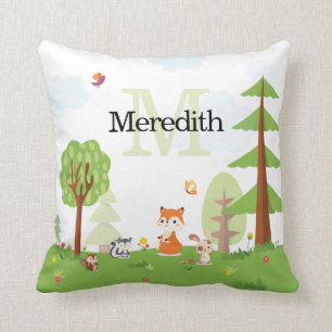 Sweet Woodland Animals Green Monogram Kids Cushion