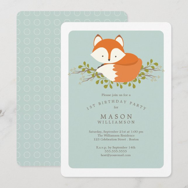 Sweet Woodland Baby Fox Birthday Party Celebration Invitation (Front/Back)