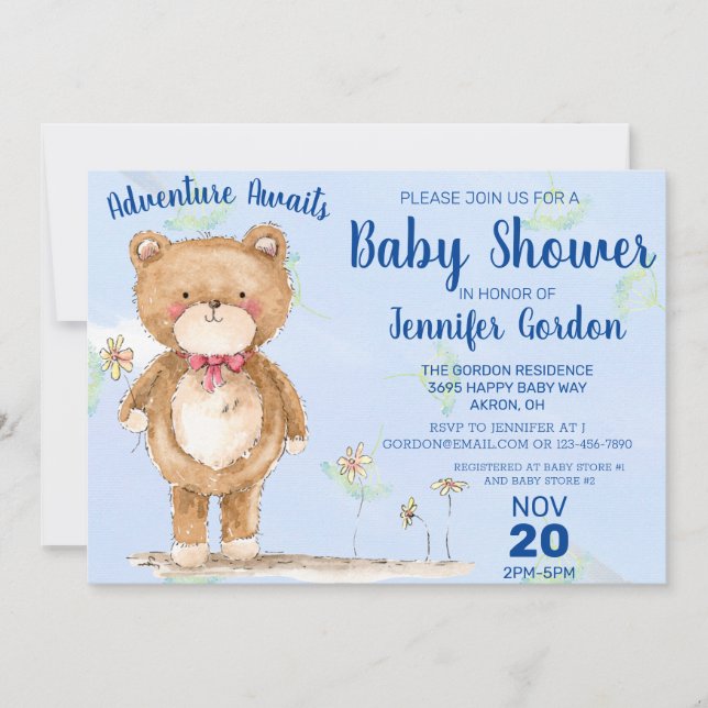 Sweet Woodland Bear Blue Boy Baby Shower Invitation (Front)
