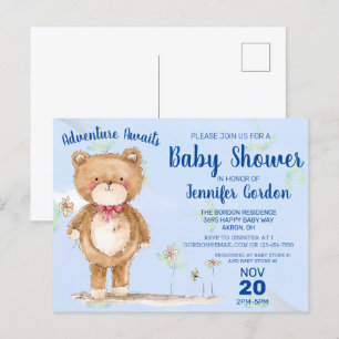 Sweet Woodland Bear Blue Boy Baby Shower Invitation Postcard
