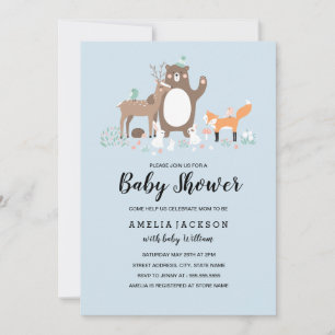 Sweet Woodland Blue Baby Shower Invite
