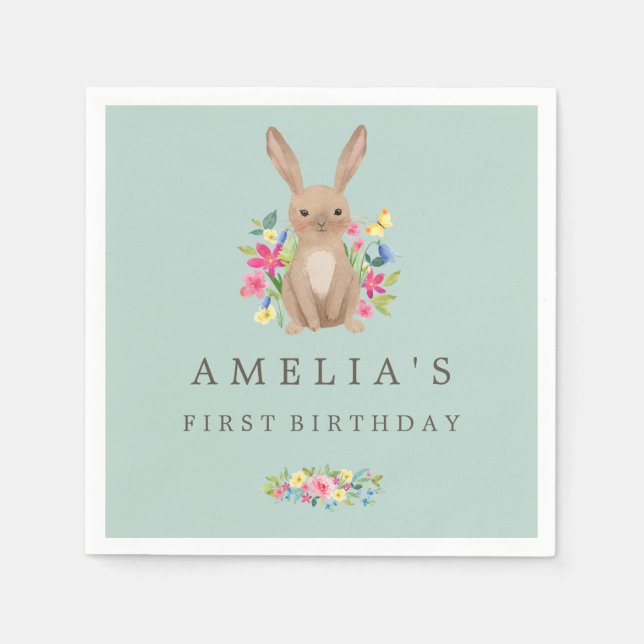 Sweet Woodland Bunny First Birthday Napkin (Front)