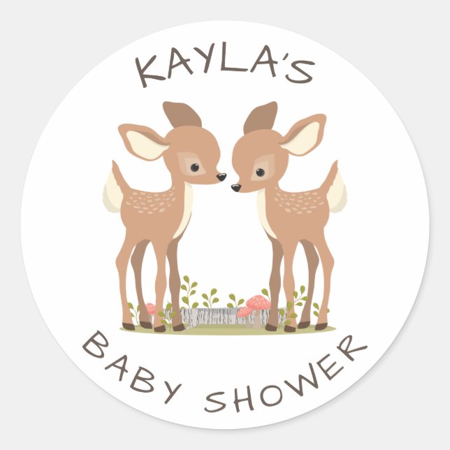 Sweet Woodland Deer Twin Baby Shower Favour Classic Round Sticker (Front)