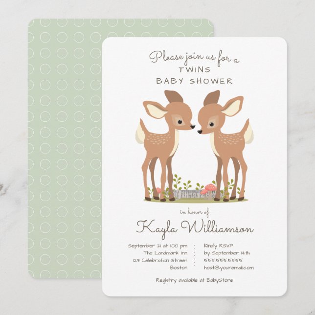 Sweet Woodland Deer Twin Baby Shower Invitation (Front/Back)