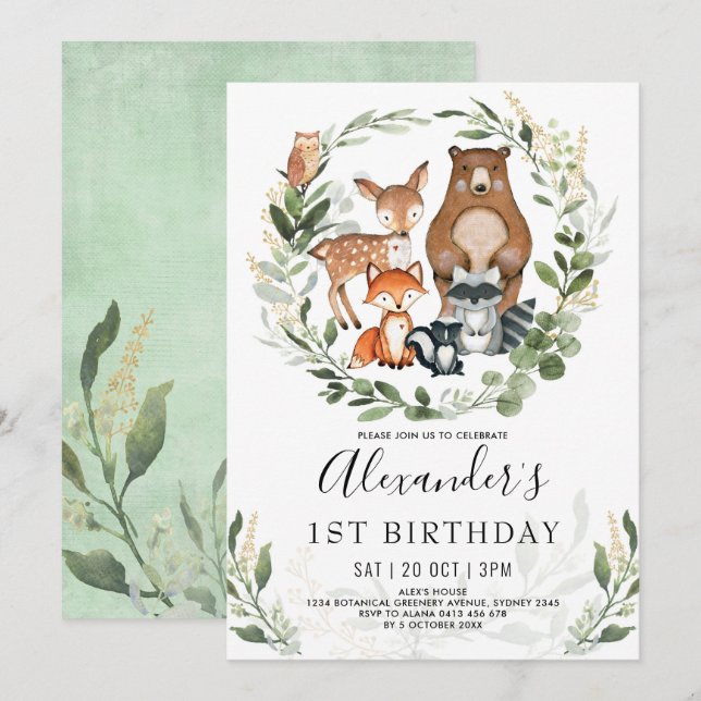 Sweet Woodland Forest Animals 1st Birthday Boy Invitation (Front/Back)