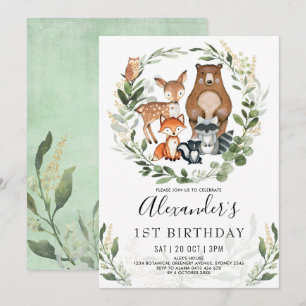 Sweet Woodland Forest Animals 1st Birthday Boy Invitation