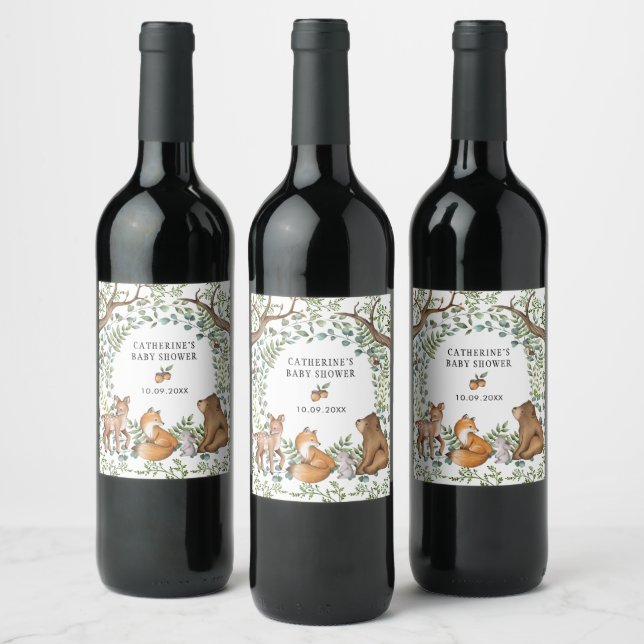 Sweet Woodland Forest Animals Baby Shower Favours Wine Label (Bottles)
