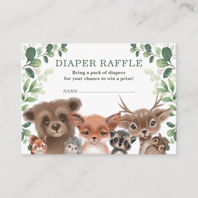 Sweet Woodland Forest Baby Animals Diaper Raffle Enclosure Card (Front)