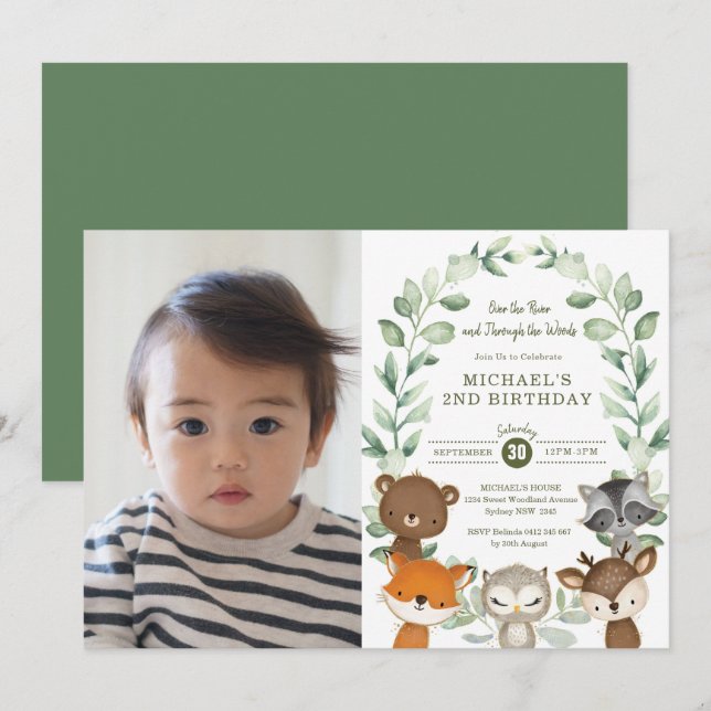 Sweet Woodland Forest Greenery Animals Birthday Invitation (Front/Back)