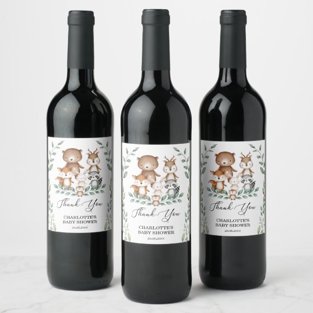 Sweet Woodland Greenery Animal Baby Shower Favours Wine Label (Bottles)