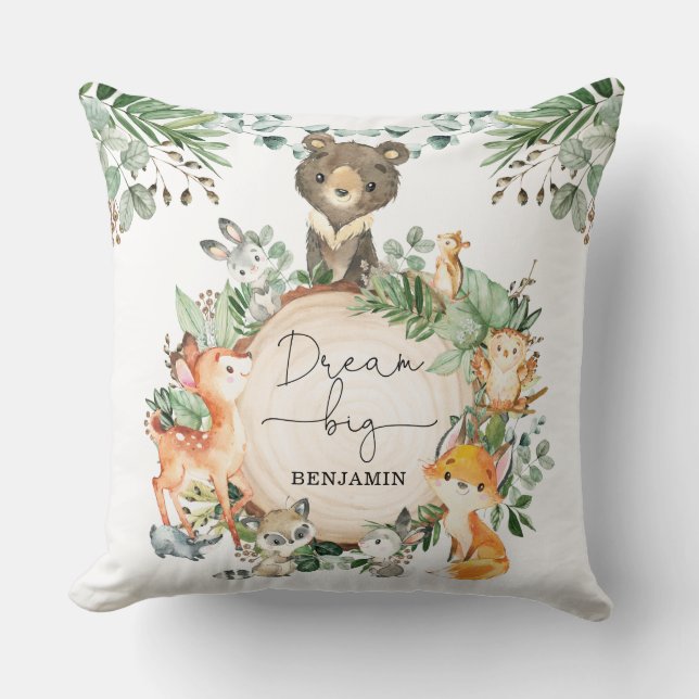Sweet Woodland Greenery Baby Animals Nursery Cushion (Front)