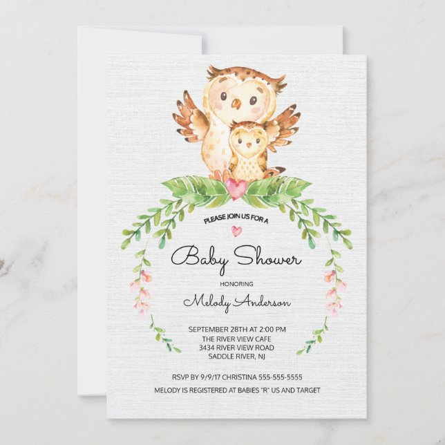 Sweet Woodland Owl Baby Shower Invitation (Front)