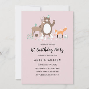 Sweet Woodland Pink Mint First Birthday Invitation