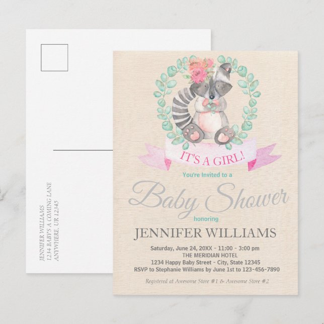 Sweet Woodland Racoon Floral Boho Baby Shower  Invitation Postcard (Front/Back)