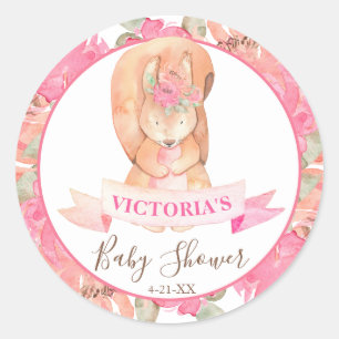 Sweet Woodland Squirrel Boho Floral Baby Shower Classic Round Sticker