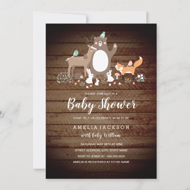 Sweet Woodland Wood Baby Shower Invite (Front)