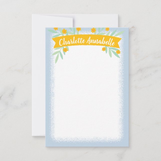 Sweet Yellow and Blue Floral Banner Stationery Invitation (Front)