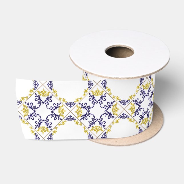 Sweet yellow and blue pattern  satin ribbon (Spool)