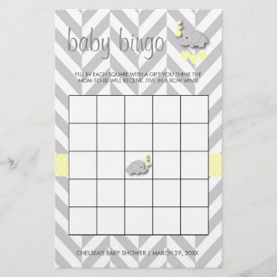 Sweet Yellow and Gray Elephant Baby Shower Bingo Stationery
