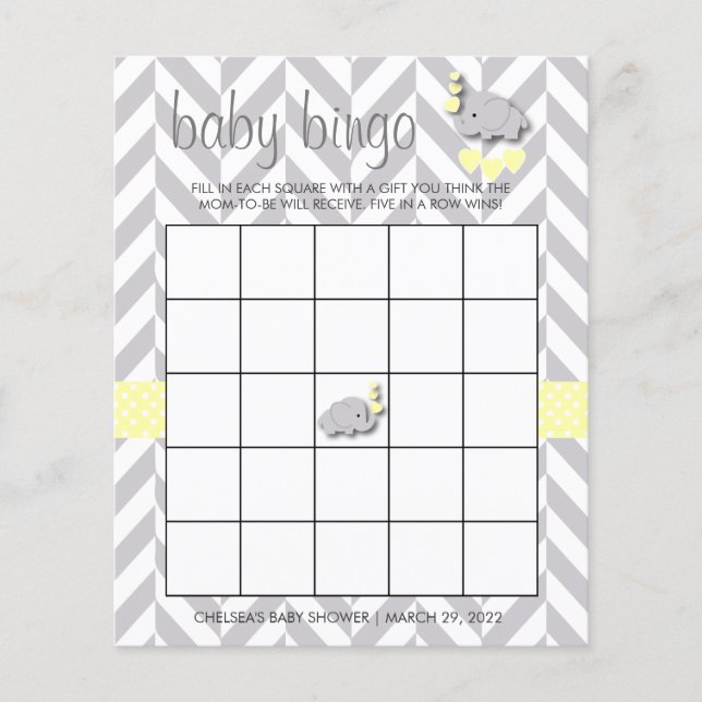 Sweet Yellow and Grey Elephant Baby Shower Bingo (Front)