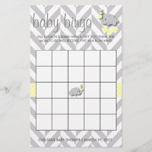Sweet Yellow and Grey Elephant Baby Shower Bingo Flyer
