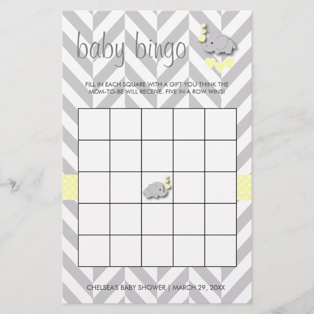 Sweet Yellow and Grey Elephant Baby Shower Bingo Stationery (Front)