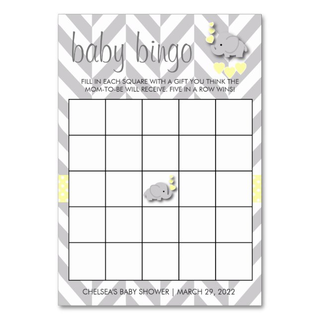 Sweet Yellow and Grey Elephant Baby Shower Bingo Table Number (Front)