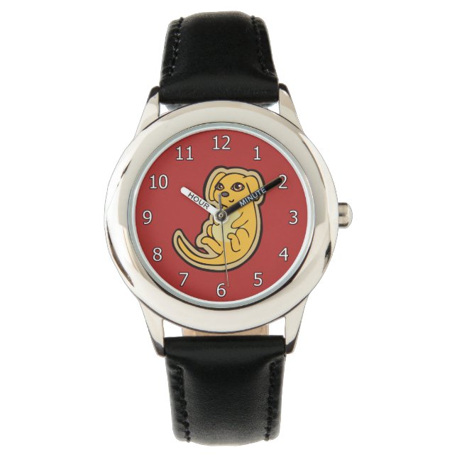 Sweet Yellow And Red Puppy Dog Drawing Design Watch (Front)