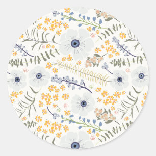 Sweet Yellow Blue Botanical Flowers Classic Round Sticker