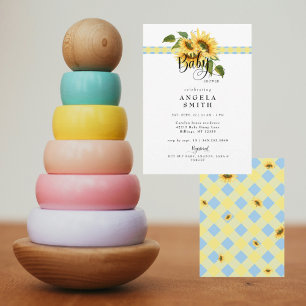 Sweet Yellow Blue Gingham Sunflower Baby Shower Invitation