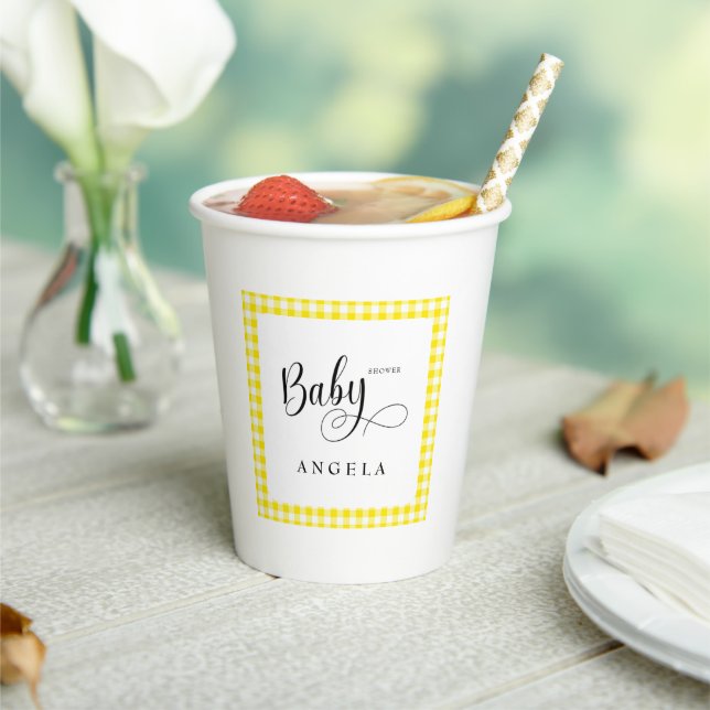 Sweet Yellow Gingham Baby Shower Paper Cups (Insitu)