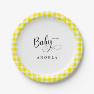 Sweet Yellow Gingham Baby Shower Paper Plate
