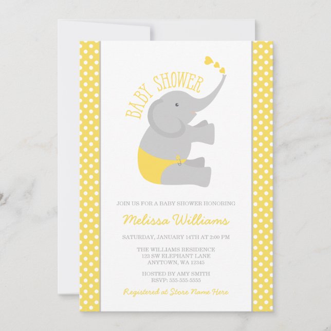 Sweet Yellow Grey Elephant Baby Shower Invitations (Front)