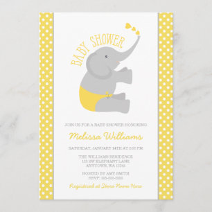Sweet Yellow Grey Elephant Baby Shower Invitations