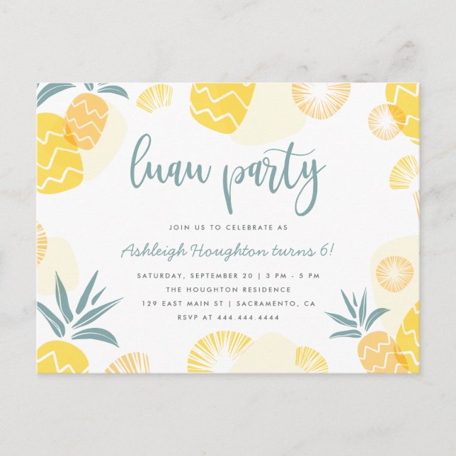 Sweet Yellow Pineapple Luau Birthday Party Invitation Postcard (Front)