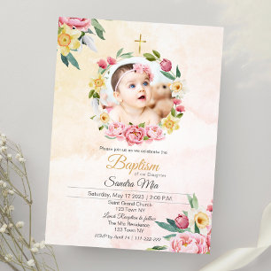 Sweet Yellow Pink Floral Baptism Invitation