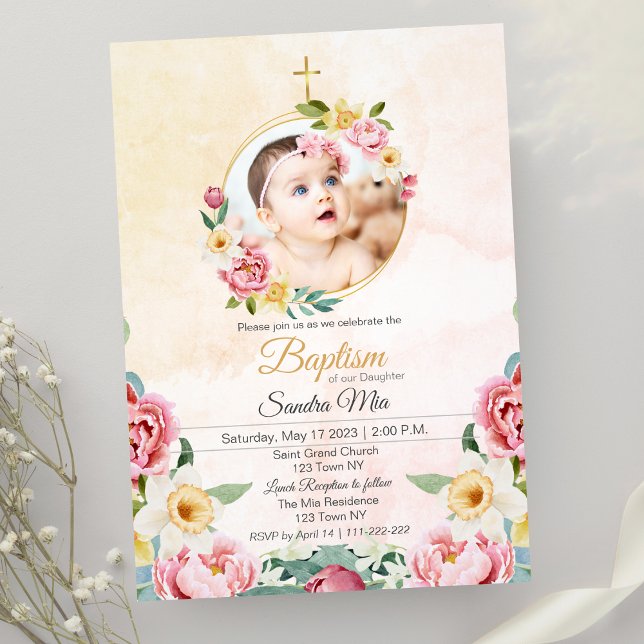 Sweet Yellow Pink Flower Garden Baptism Invitation (Sweet Yellow-pink Flower Garden Baptism Invitation)