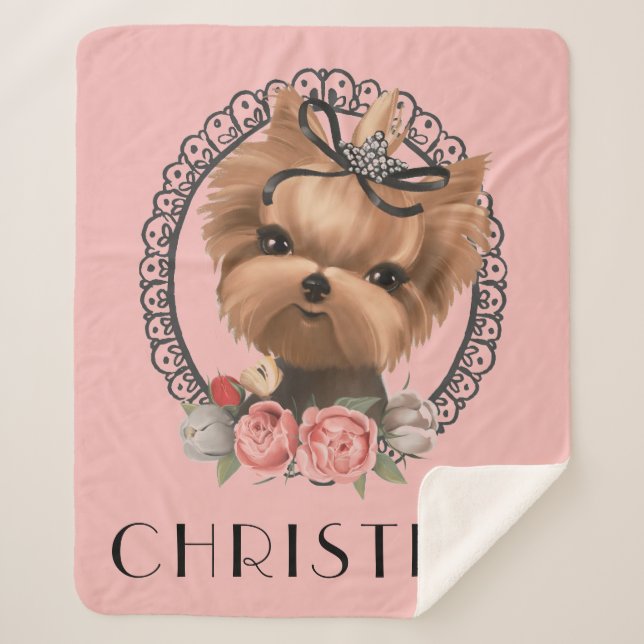 Sweet Yorkie Puppy Pink Floral Girly Sherpa Blanket (Front)