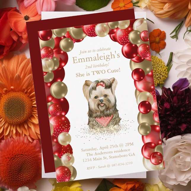 Sweet Yorkie Two Cute Red Gold Balloon Birthday Invitation (Creator Uploaded)