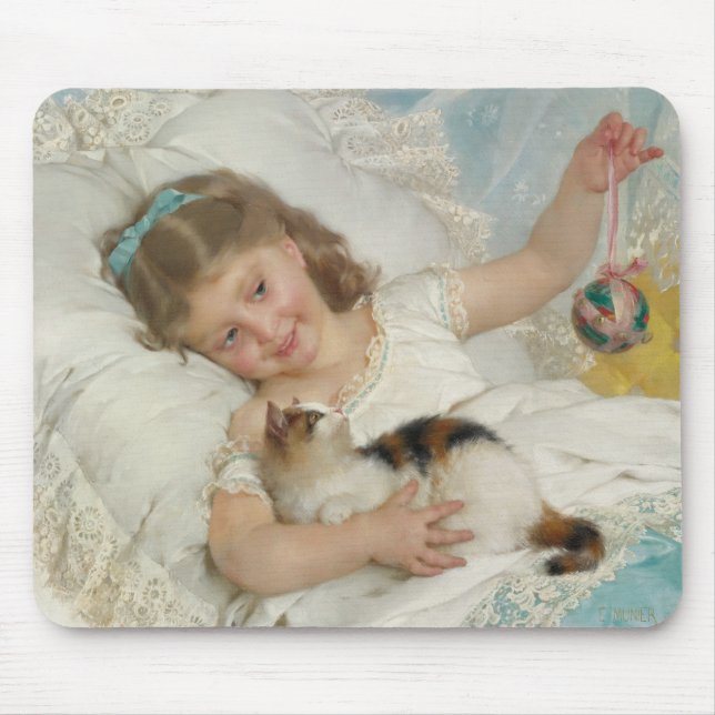 Sweet Young Girl Playing With Her Pet Cat (Munier) Mouse Mat (Front)