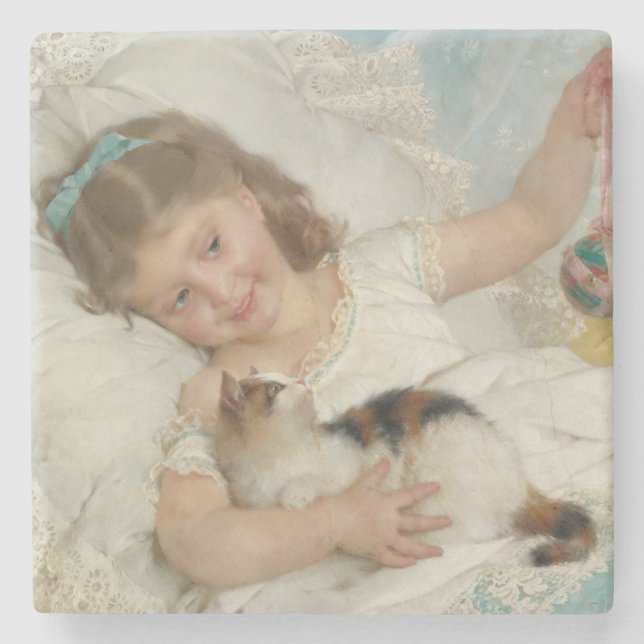 Sweet Young Girl Playing With Her Pet Cat (Munier) Stone Coaster (Front)